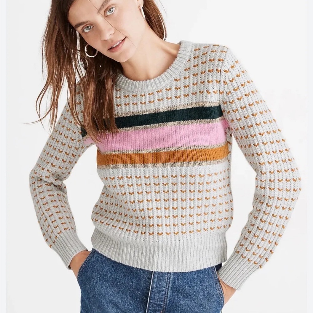 Madewell Striped Barfield Sweater With Gold Thread Accent Small Merino Wool